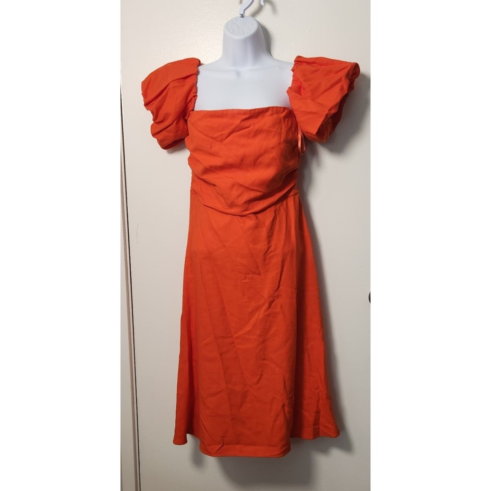Reiss Shona Sz 8 Puff Sleeve Off-Shoulder‎ Midi Dress Orange Linen Blend Smocked